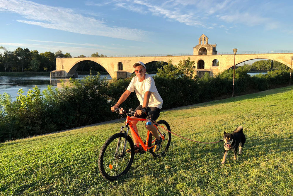 Garrett Leight California Optical's Global Sales Director riding a bike in the South of France.