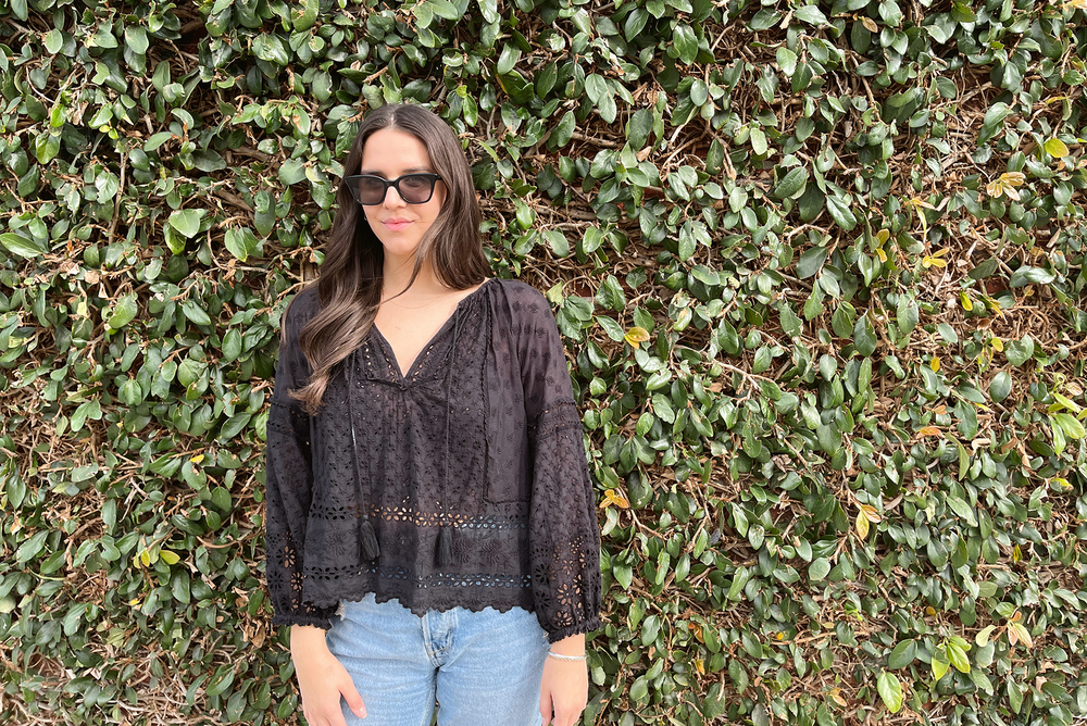 Garrett Leight California Optical Social Media Manager Linnea Kennison wearing GLCO x Clare V. Nouvelle sunglasses